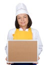 Beautiful Young Woman Chef with Empty Board Menu with Copy Space Royalty Free Stock Photo