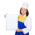 Beautiful Young Woman Chef with Empty Board Menu with Copy Space Royalty Free Stock Photo