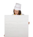 Beautiful Young Woman Chef Holding Big Empty Wooden Board Menu w Royalty Free Stock Photo