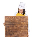 Beautiful Young Woman Chef Holding Big Empty Wooden Board Menu w Royalty Free Stock Photo