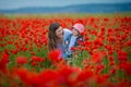 Beautiful young woman with child girl in poppy field. happy family having fun in nature. outdoor portrait in poppies. mother with Royalty Free Stock Photo