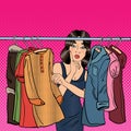 Beautiful Young Woman Choosing Clothes in her Wardrobe. Pop Art.