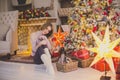 Beautiful young woman in a Christmas interior. Dressing a Christmas tree.