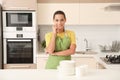 Beautiful young woman with clean dishes and cups Royalty Free Stock Photo