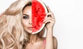 Beautiful Young Woman with Clean Fresh Skin and watermelon . Facial treatment . Cosmetology , beauty and spa . Skin and hair model