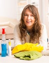 Beautiful young woman cleaning her house