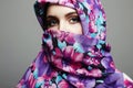 Beautiful young woman in color flower veil. beauty girl in colorful hijab Royalty Free Stock Photo