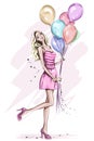 Beautiful young woman with colorful birthday balloons. Royalty Free Stock Photo