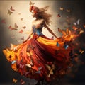Beautiful young woman in a colorful dress with butterflies flying around her Royalty Free Stock Photo