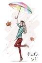 Beautiful young woman with colorful umbrella. Stylish hand drawn girl in fashion clothes. Fashion woman. Sketch.
