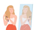 Beautiful Young Woman Combing her Hair Looking at Herself in Mirror Cartoon Style Vector Illustration