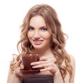 Beautiful young woman with cup of coffee, isolated Royalty Free Stock Photo