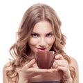 Beautiful young woman with cup of coffee, isolated Royalty Free Stock Photo