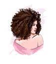 Beautiful young woman with curly hair. Stylish african american girl with afro hairstyle, colored drawing, realistic Royalty Free Stock Photo