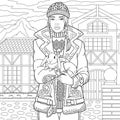 Winter woman coloring book page Royalty Free Stock Photo
