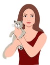 Beautiful young woman and cute kitty  animal love, pet, animal care, animal, animals, cat, human, woman, girl, illustration Royalty Free Stock Photo