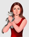 Beautiful young woman and cute kitty  animal love  pet, animal care, animal, animals, cat, human, woman, girl, illustration Royalty Free Stock Photo