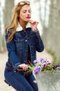 Beautiful young woman cycling in the park. Royalty Free Stock Photo