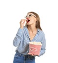 Beautiful young woman with 3D cinema glasses eating popcorn on white background Royalty Free Stock Photo