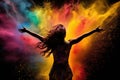 Beautiful young woman dancing in color powder explosion on black background, Colorful explosion of color powder with a silhouette Royalty Free Stock Photo