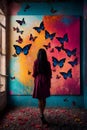 Beautiful young woman in a dark room with butterflies in the background Royalty Free Stock Photo