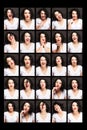 Beautiful young woman with different emotions. Brunette with curly hair and beautiful teeth. Collage, close-up. Black background.