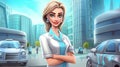 Beautiful young woman doctor on the background of the city. 3d rendering Royalty Free Stock Photo