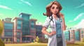 Beautiful young woman doctor standing in front of hospital building. Vector illustration Royalty Free Stock Photo