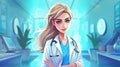 Beautiful young woman doctor standing in hospital office. 3D rendering Royalty Free Stock Photo