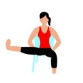 Beautiful young woman doing exercises with chair at home.