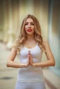 Beautiful woman doing spring yoga indoors