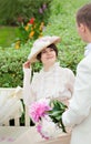 Beautiful young woman in dress and hat portrait in retro style. The gentleman lady. Vogue Clothing in vintage Royalty Free Stock Photo