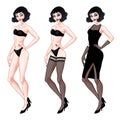 Beautiful young woman, dress up paper doll template, lingerie and evening dress, brunette girl model, vector illustration