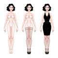 Beautiful Young Woman, Dress Up Paper Doll Template, Lingerie And Evening Dress, Brunette Girl Model, Vector Illustration