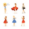 Beautiful Young Woman Dressed in Retro Style Clothes Engaged in Different Activity Vector Set