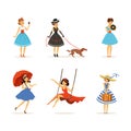 Beautiful Young Woman Dressed in Retro Style Clothes Engaged in Different Activity Vector Set