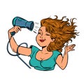 beautiful young woman dries her hair with a hair dryer. Hygiene equipment