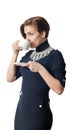 Beautiful young woman drinking coffee (tea) from a white cup Royalty Free Stock Photo