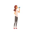 Beautiful Young Woman Drinking Fresh Clean Water from Plastic Bottle Vector Illustration Royalty Free Stock Photo