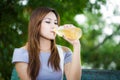 Beautiful young woman drinks water from bottle Royalty Free Stock Photo