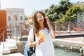 Beautiful young woman eating healthy food on travel vacation Royalty Free Stock Photo