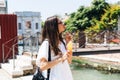 Beautiful young woman eating healthy food on travel vacation Royalty Free Stock Photo