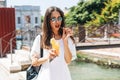 Beautiful young woman eating healthy food on travel vacation Royalty Free Stock Photo