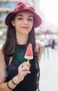 Beautiful young woman eating ice cream in the summer Royalty Free Stock Photo