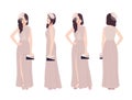 Beautiful young woman in elegant evening dress. Fashionable formal outfit. Gorgeous female cartoon character isolated on