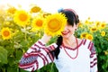 Beautiful young woman in embrodery sunflower Royalty Free Stock Photo