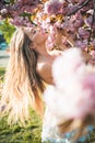 Beautiful young woman enjoying sunny day in park during cherry blossom season on a nice spring day. Royalty Free Stock Photo