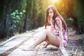 Beautiful young woman enjoys sun beams Royalty Free Stock Photo