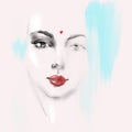 Beautiful young woman face with red lips pencil drawing sketch. Abstract girl model portrait fashion illustration for Royalty Free Stock Photo