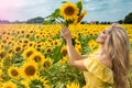 Beautiful young woman in a field of sunflowers in a yellow dress Royalty Free Stock Photo